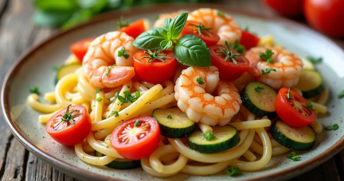 Fresh Tomato Zucchini Shrimp Pasta